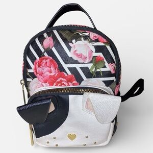 BETSEY JOHNSON Mini Backpack Dog Face Faux Leather Floral Black White Pink